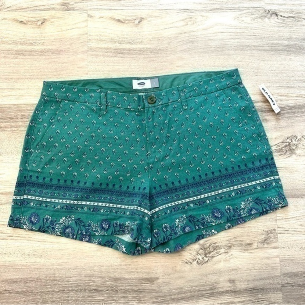 NWT Old Navy Turquoise Green Paisley Floral Linen Shorts Size 12 Summer Boho - Picture 2 of 10